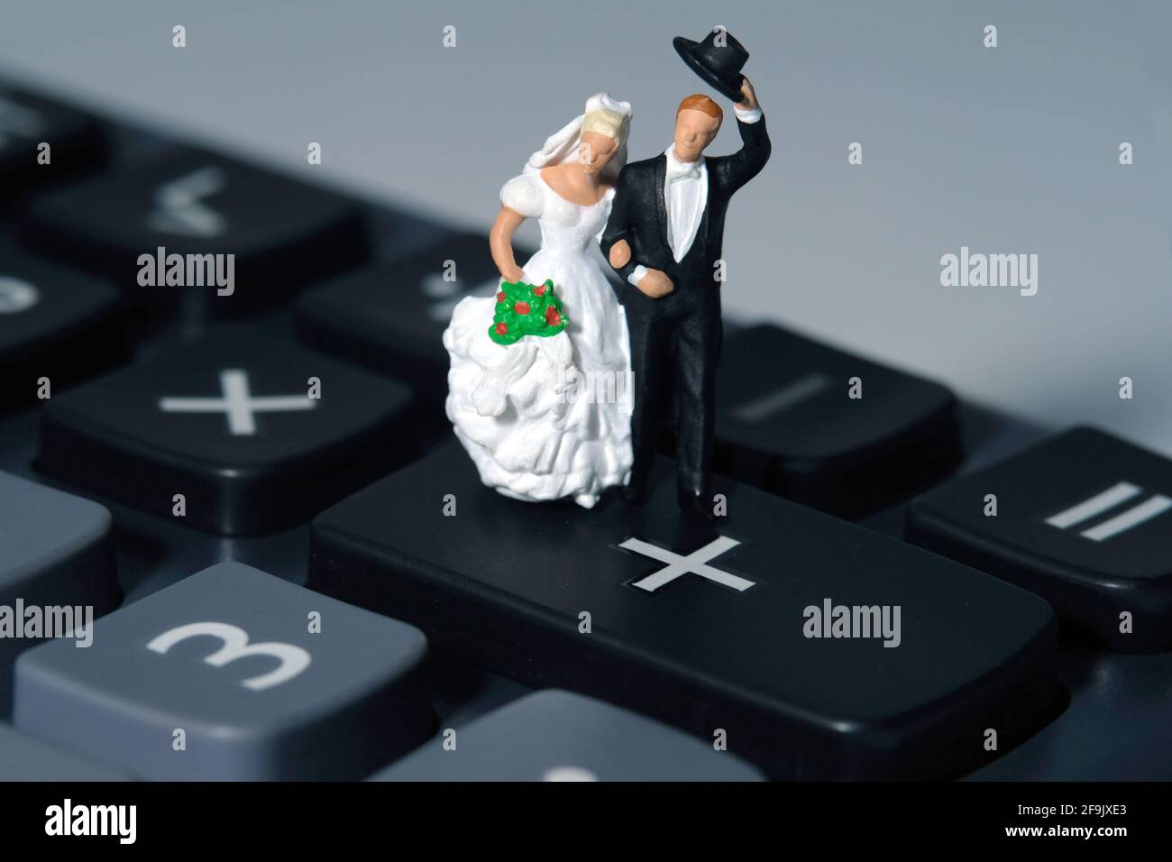 Braut und Bräutigam Miniaturmenschen stehen über dem Rechner, auf einem weißen Hintergrund. Hochzeitsplan Budget- und Finanzkonzept Stockfoto