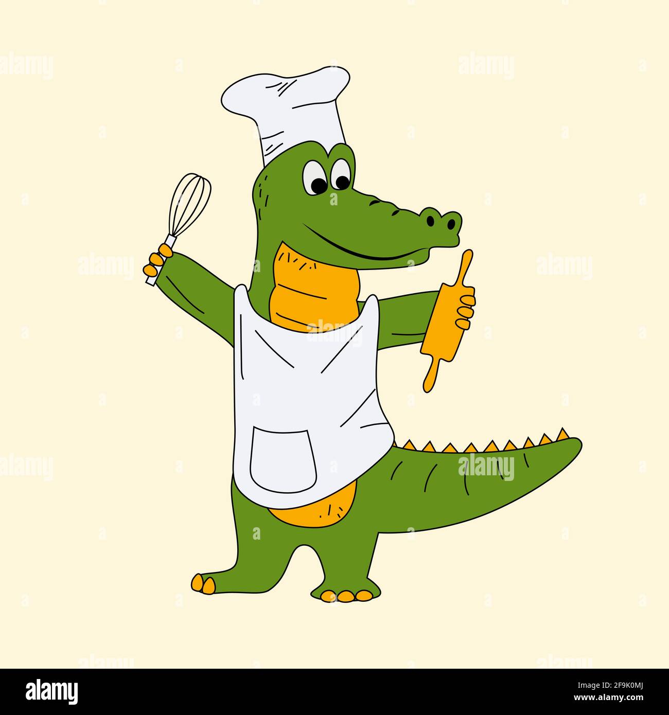 vektor-Illustration eines Koch Krokodil in einem Köche Kappe und Schürze Maskottchen halten in den Händen rollende Nadel und Schneebesen, Art Alligator Stock Vektor