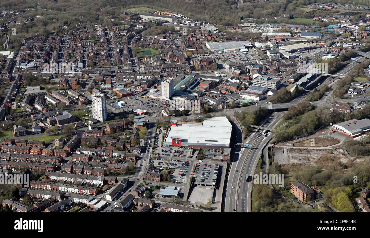 Luftaufnahme von Hyde, einer Stadt im Großraum Manchester, Großbritannien Stockfoto