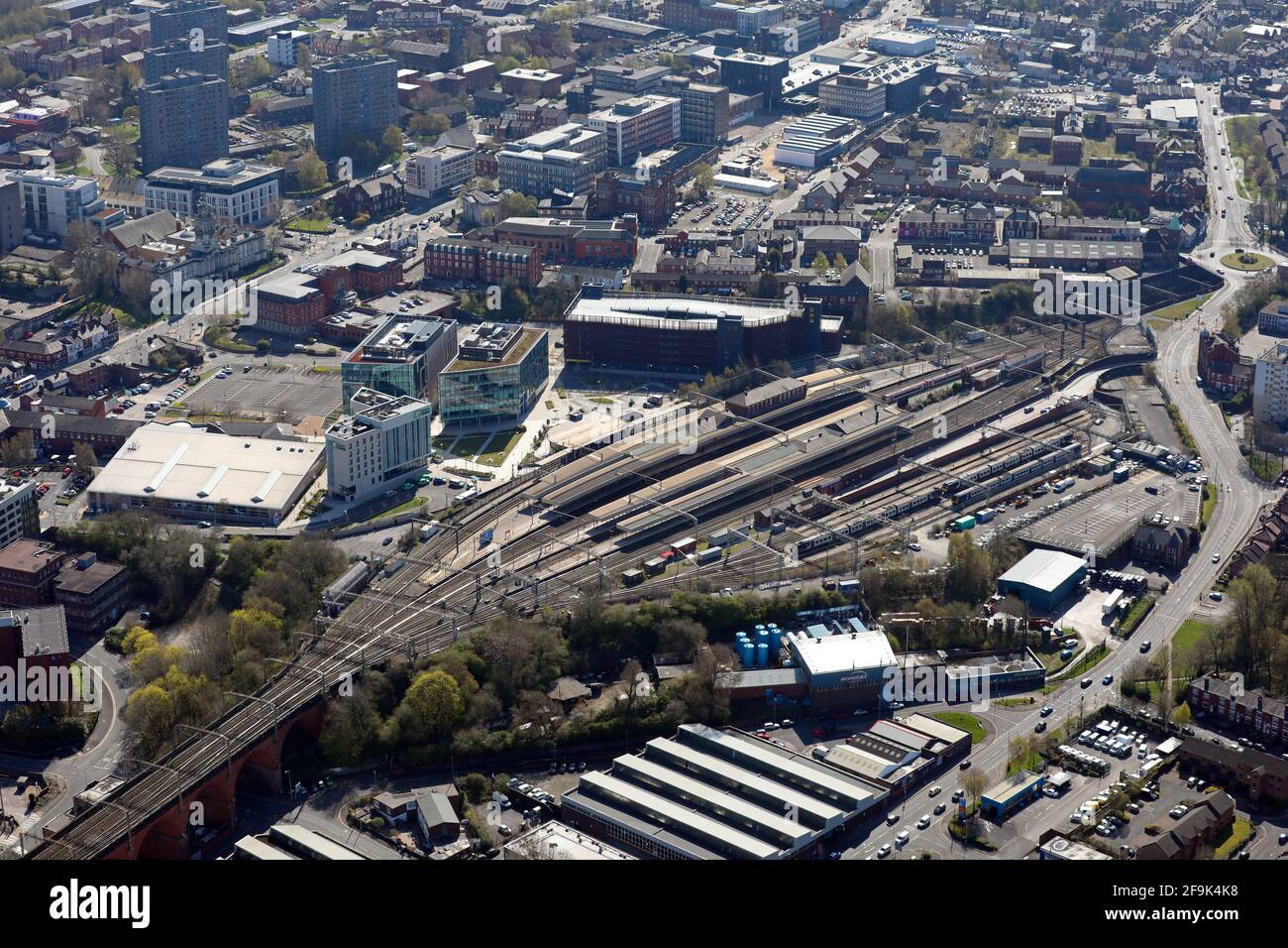 Luftaufnahme des Bahnhofs Stockport, Greater Manchester Stockfoto