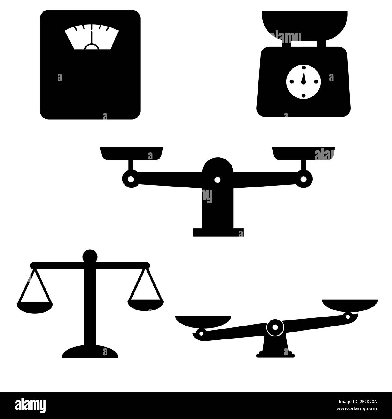 Waage und Gewicht Symbole gesetzt. Waage der Gerechtigkeit Symbol weißen Hintergrund. Wiegemaschine Symbol. Gesetz Skala Zeichen. vergleichen Logo Symbol. Stockfoto