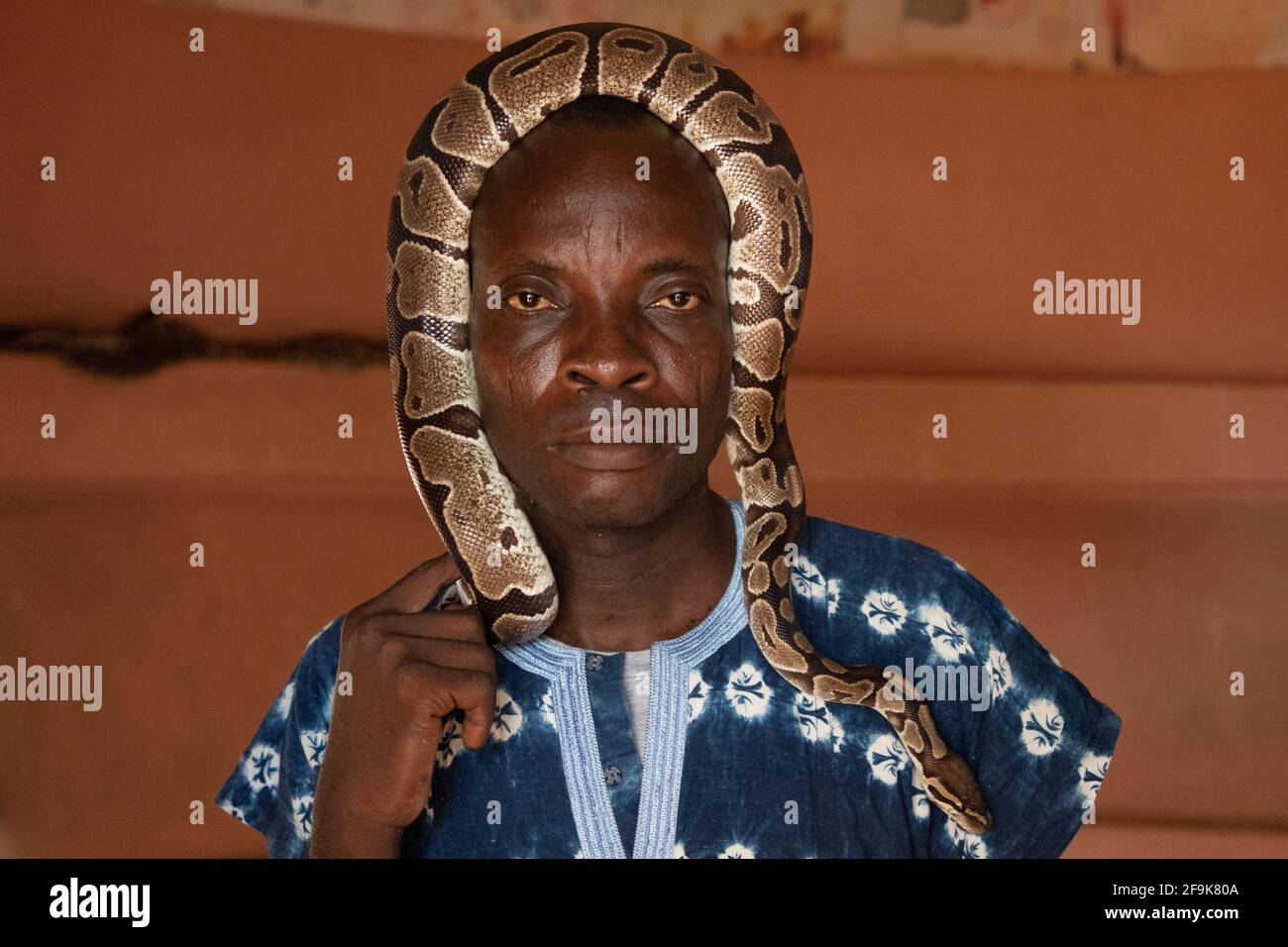 Marc hält die Schlange gefüttert und sauber. OUIDAH, BENIN: TREFFEN SIE DEN Mann, der sich um einen Tempel mit über FÜNFZIG Pythons kümmert? Jede ließ jede Nacht los, um zu segnen Stockfoto