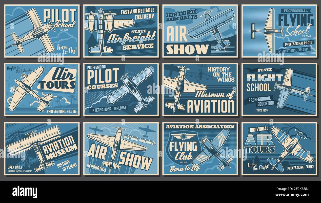 Luftfahrtmesse, Flugzeuge und Flugzeugabzeichen, Retro-Vektor. Vintage Flugzeuge, professionelle Kunstflug Festival, Piloten Schule und Luftfahrt Stock Vektor