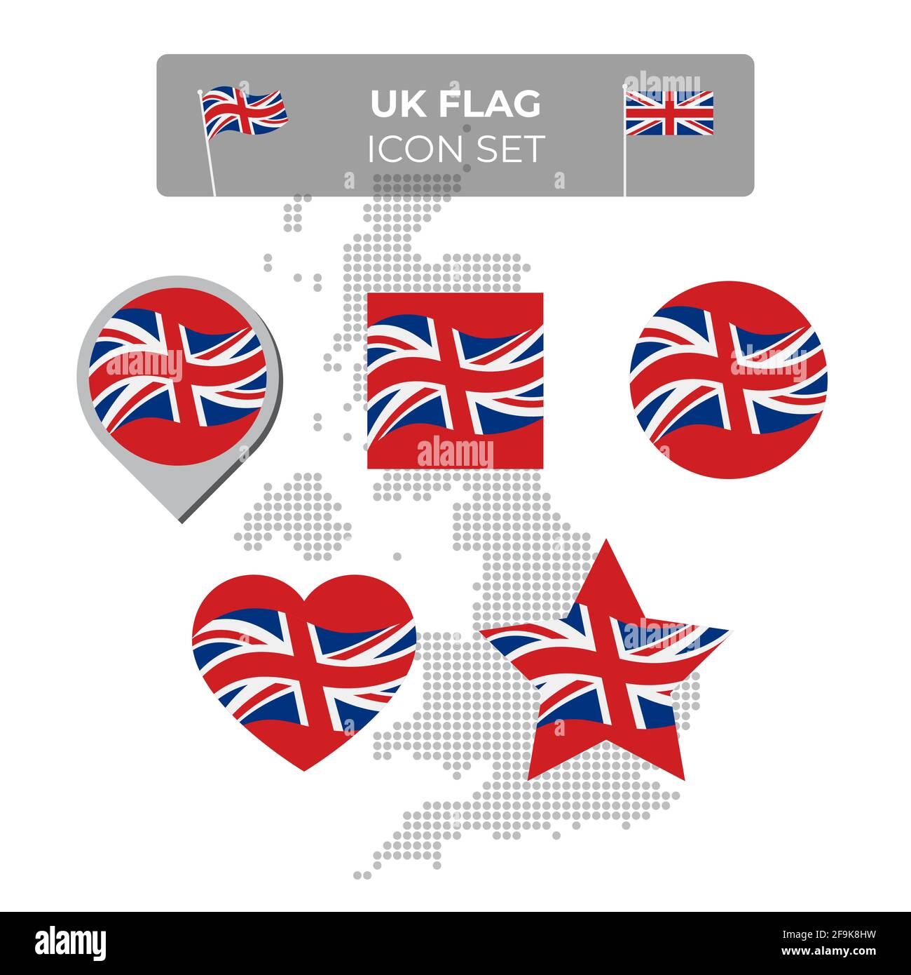 Vereinigtes Königreich, Großbritannien gewellte Flaggen-Symbole in Form von Quadrat, Herz, Kreis, Sternen, Zeiger, Kartenmarkierung. Karte von Großbritannien. Union Jack Stock Vektor