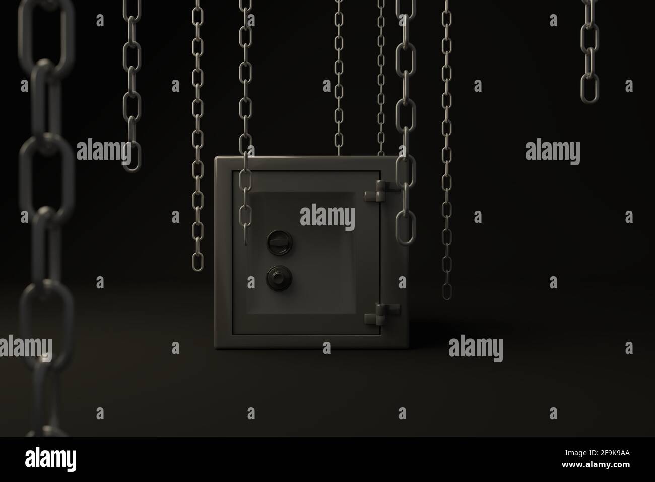 Sicherheit Metallsafe, umgeben von Ketten. Konzept der Bedeutung von Sicherheit. Schöner Hintergrund zu Finanzthemen - 3D-Illustration Stockfoto