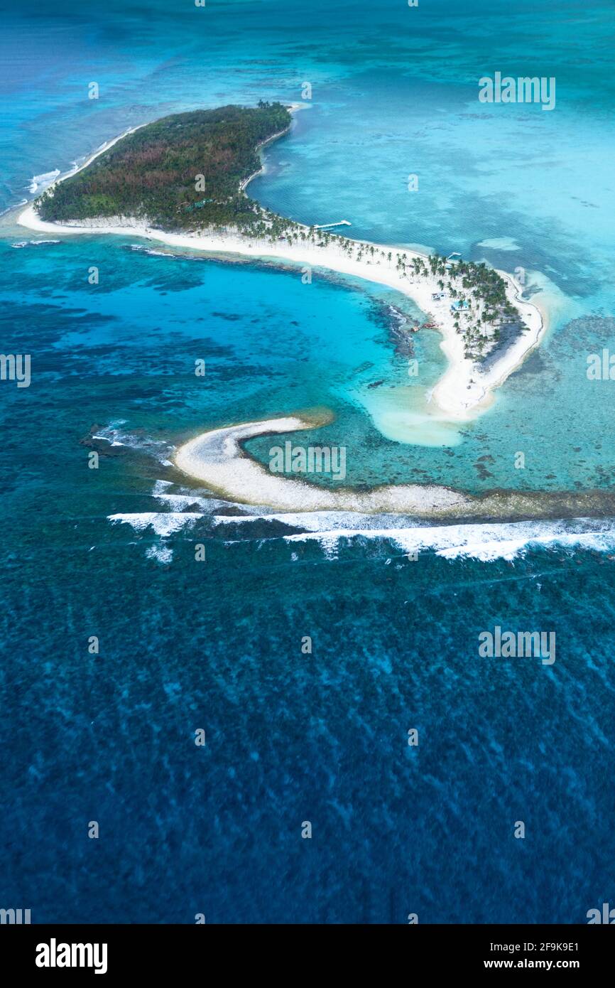 Luftaufnahme von Half Moon Caye - eine geschützte Insel, Teil des Lighthouse Reef Atolls im Belize Barrier Reef Reserve System Weltkulturerbe, Belize Stockfoto