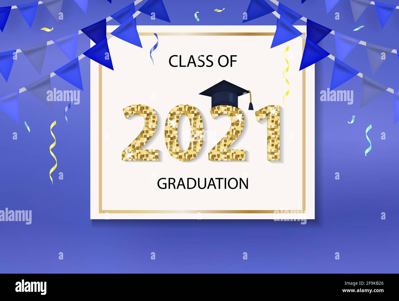 Class of 2021 Graduation Gratulation Vorlage für Ihr Design mit Graduation Hut und glänzenden Zahlen. Vektorgrafik Stock Vektor