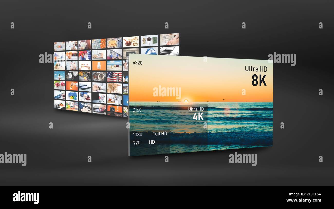 Anzeige mit 8K-Auflösung und Vergleich der Auflösungen. Konzeptionelle Grafik des TV-Bildschirms Stockfoto