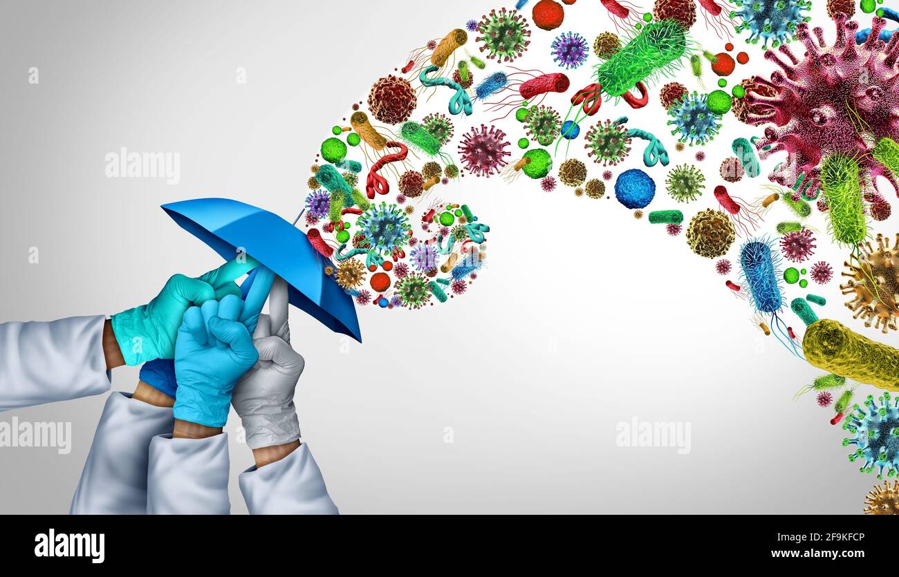 Der Schutz und die Prävention des Teams für medizinische Krankheiten, eine Gruppe von verschiedenen Ärzten und Mitarbeitern im Gesundheitswesen, die einen Schirm für die Teamarbeit im Krankenhaus halten. Stockfoto