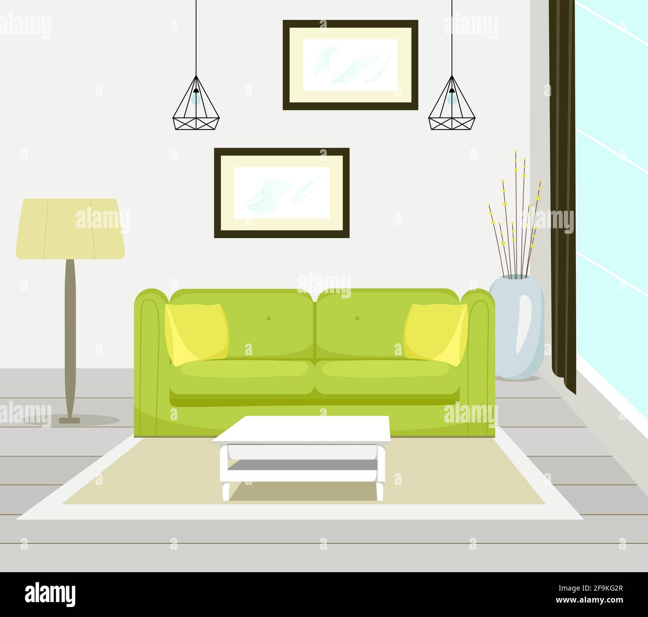 Interieur des modernen Wohnzimmers mit Sofamöbeln, Tisch, Stehleuchte, großes Fenster, Wandmalerei, vektorgrafik im flachen Stil Stock Vektor