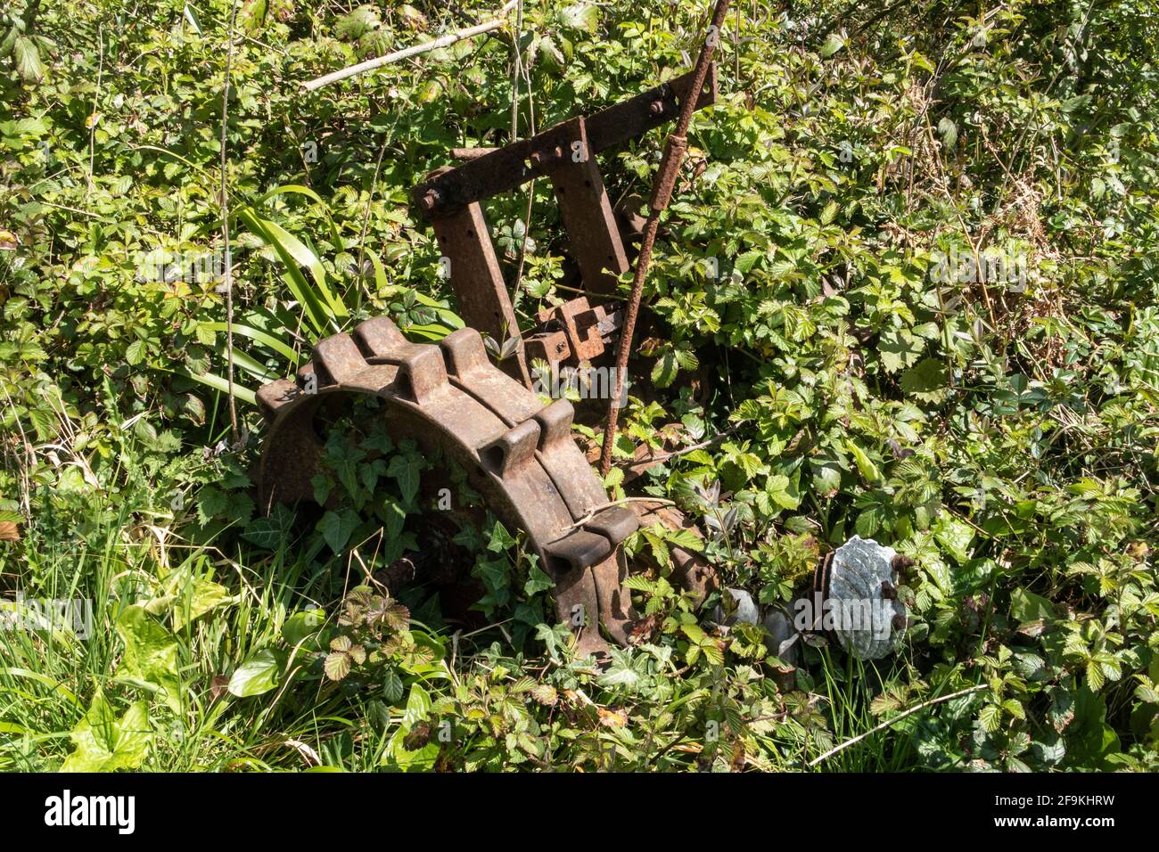 Verlassene Gartenmaschinen bei Weston Plats, einst Marktgärten, abseits des SWCoastal Path an der Weston-Mündung zwischen Sidmouth und Branscombe, Devon. Stockfoto