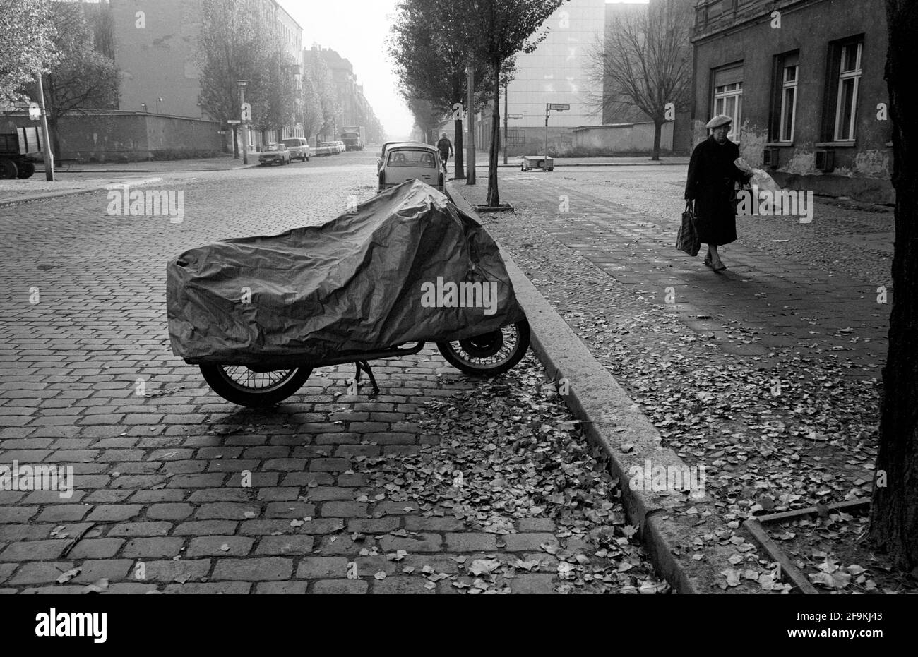 Ostberlin, DDR. 7. November 1989, nur 2 Tage vor dem Fall der Belrin-Mauer. Eine Frau in Ost-Berlin mit ihrem Einkaufen und einem Blumenstrauß, der auf europäische Art kopfüber gehalten wird. Das neblige Licht wird durch die Verschmutzung durch die Verbrennung von Braunkohle verursacht.COPYRIGHT PHOTOGRAPH BY BRIAN HARRIS 07808-579804 Stockfoto