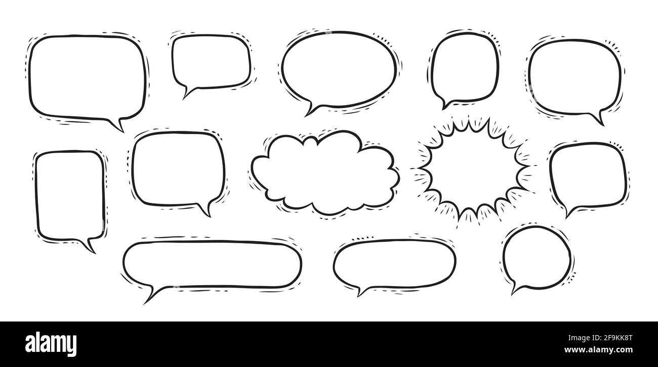 Handgezeichnete Sprechblasen und denken Sie nach Dialogwörtern oder Botschaften. Kommunikationskonzept im Doodle-Stil isoliert auf Weiß Stock Vektor