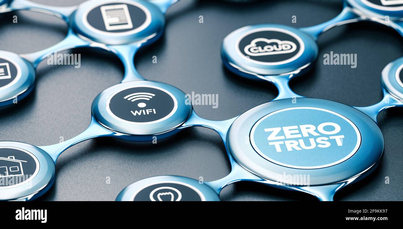 3D-Darstellung eines blauen Netzwerks mit Symbolen und dem Text Zero Trust auf der Vorderseite. Schwarzer Hintergrund. Konzept eines gesicherten Netzwerks. Stockfoto