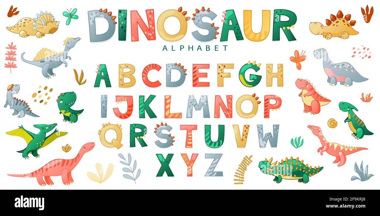 Cartoon niedlichen Dinosaurier Alphabet. Vektor-Illustration mit Dino für T-Shirts, Karten, Poster, Geburtstagsfeier, Papierdesign, Kinder- und Kinderzimmer-Design. Stock Vektor
