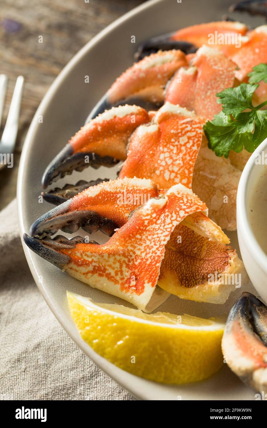 Hausgemachte, gedämpfte Steinkrabben-Krallen mit Dipping-Sauce Stockfoto