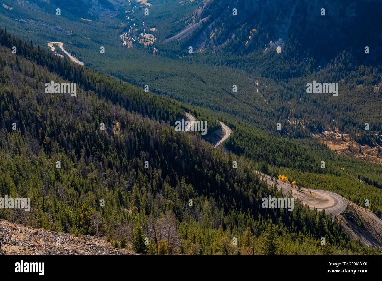 Beartooth Highway, der Teile von Montana und Wyoming durchquert, hier abwärts vom Beartooth Pass, USA Stockfoto