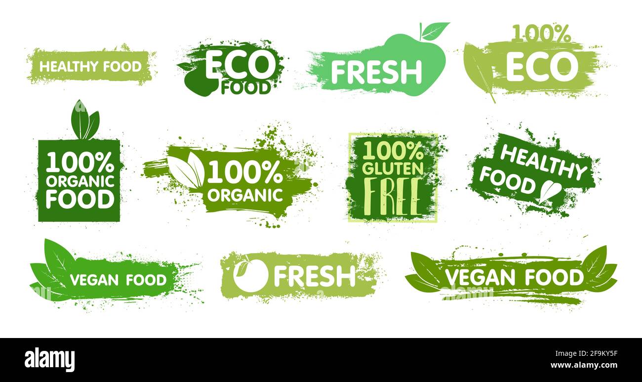 Bio, Öko-Food, vegan, frisch, gesund und glutenfrei Aufkleber mit grüner Effektfarbe. Bio-Etiketten und Abzeichen für gesunde Lebensmittel. Vektorset Stock Vektor