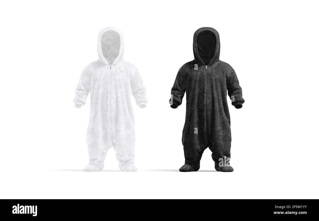 Blank schwarz und weiß Kinder Plüsch Jumpsuit mit Kapuze mockup, Stockfoto