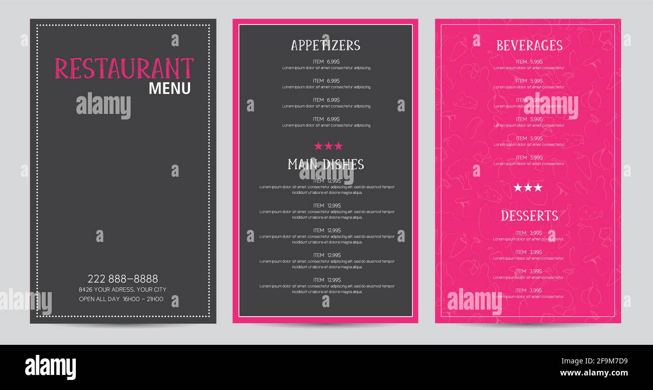 Restaurant Menü Flyer Vorlage Design Vektor rosa und dunkelgrau Stock Vektor