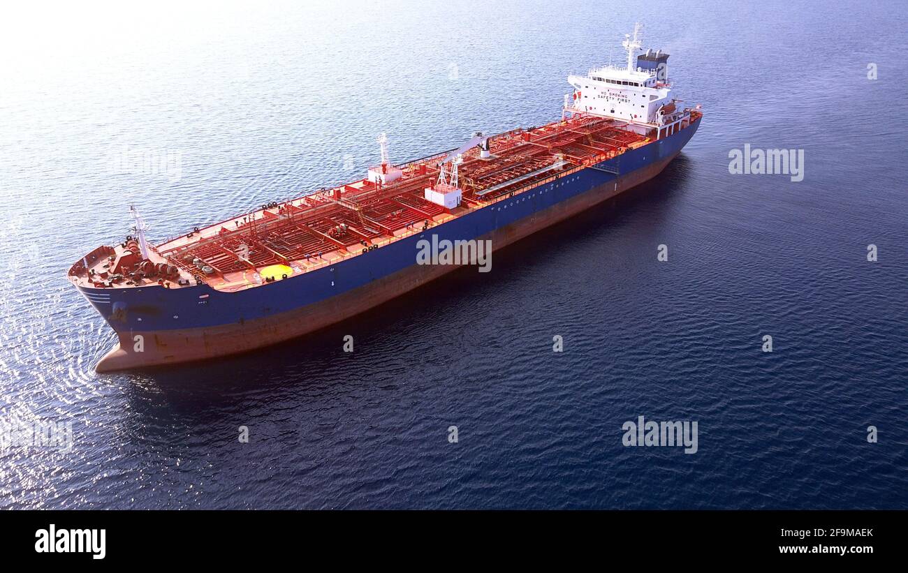 Bulk Carrier Schiff auf See. Luftaufnahme. Stockfoto
