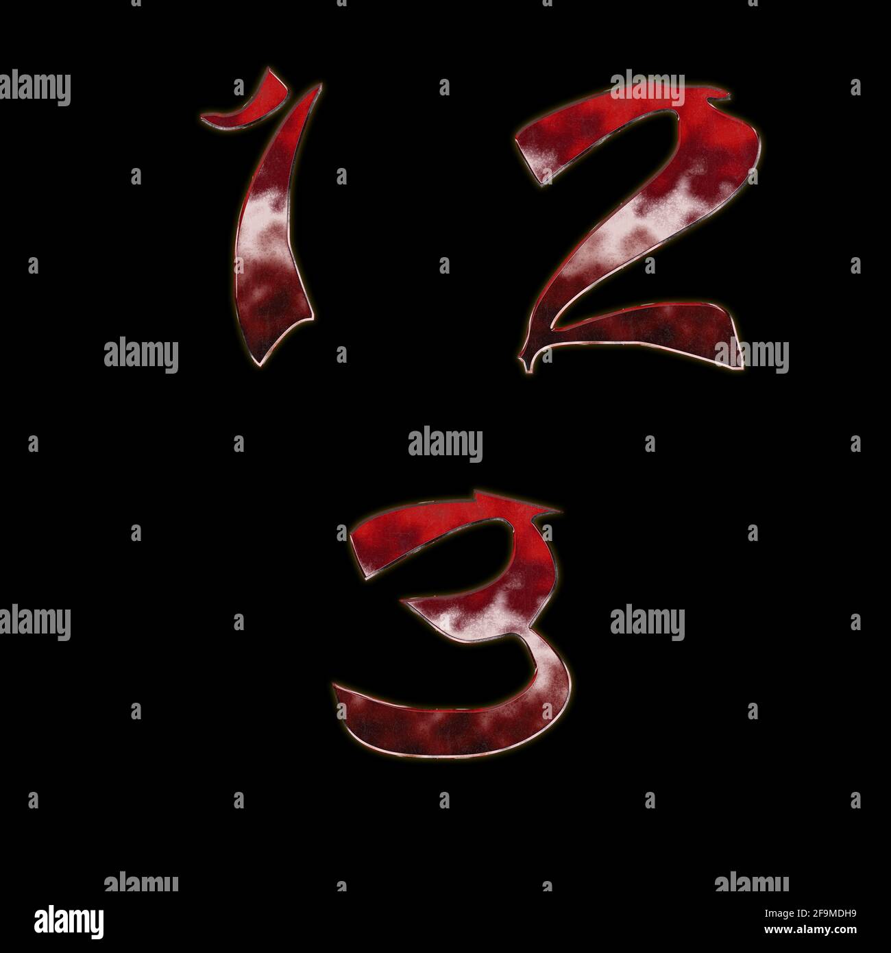3D-Rendering von japanischen Stil rot metallischen Alphabet - Ziffern 1-3 Stockfoto