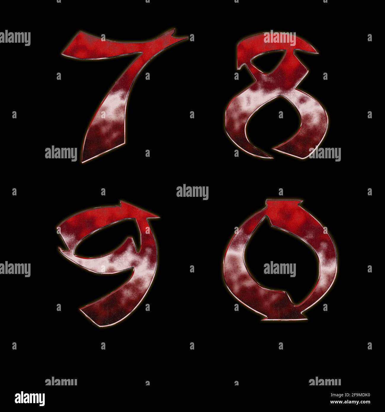 3D-Rendering von japanischen Stil rot metallischen Alphabet - Ziffern 7-0 Stockfoto