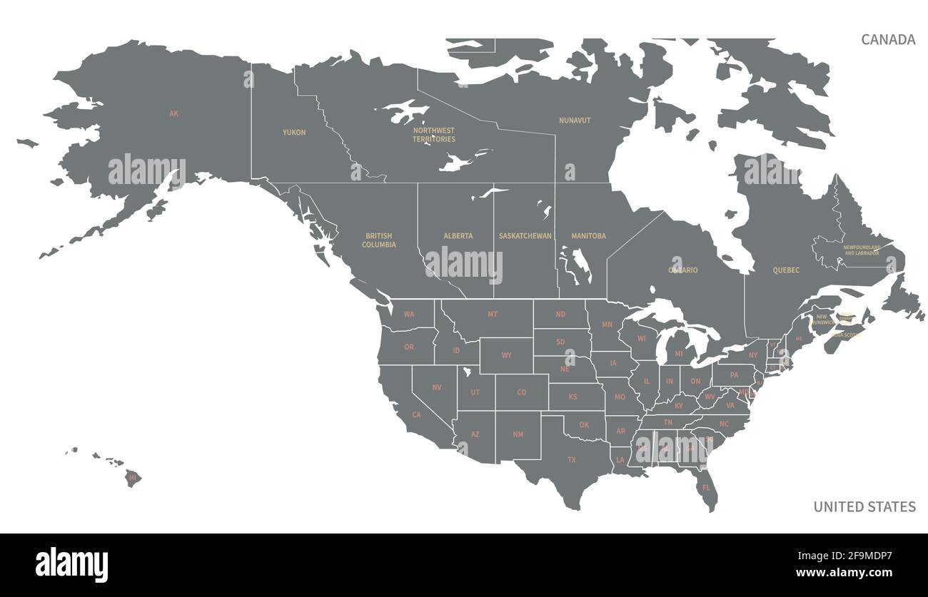 Nordamerika Länder Grenzkarte. vektor-Karte der USA und Kanada, Mexiko. Stock Vektor