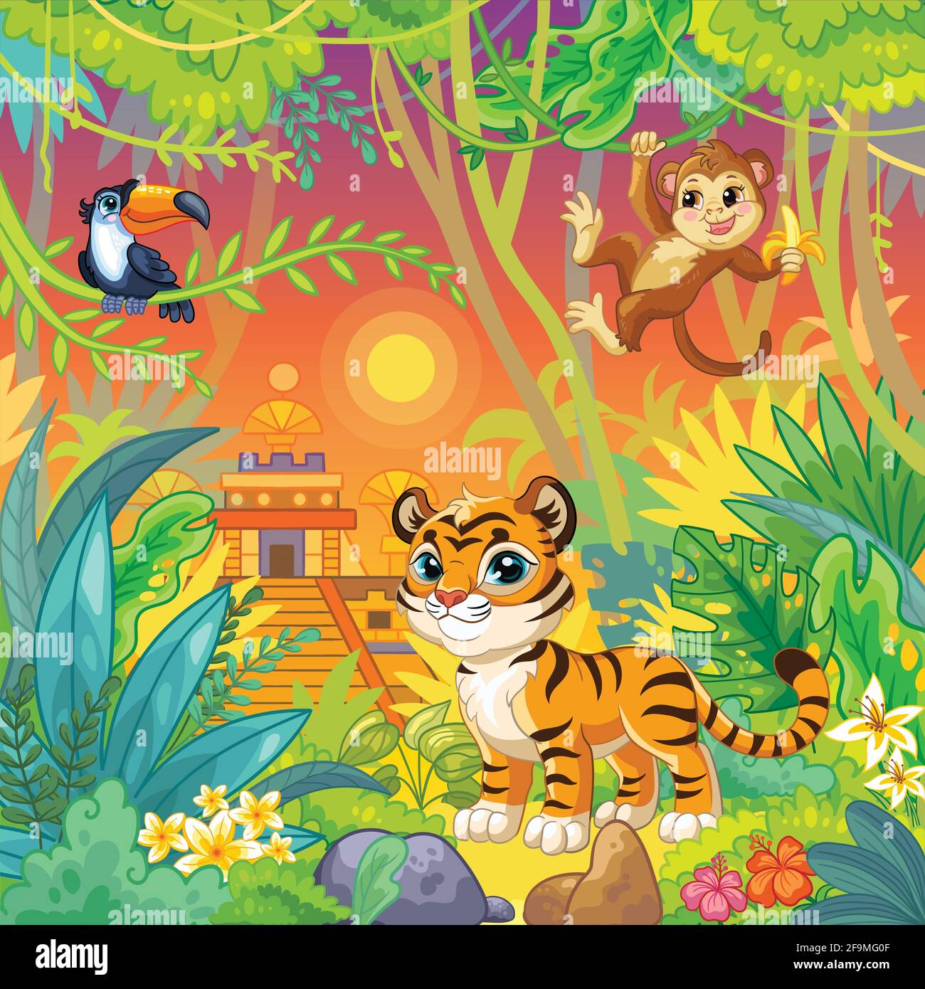 Dschungel Cartoon Hintergrund mit niedlichen wilden Tieren Tukan, Affe und Tiger. Vektorgrafik. Für Print, Design, Poster, Karten, Aufkleber, puzzle, d Stock Vektor