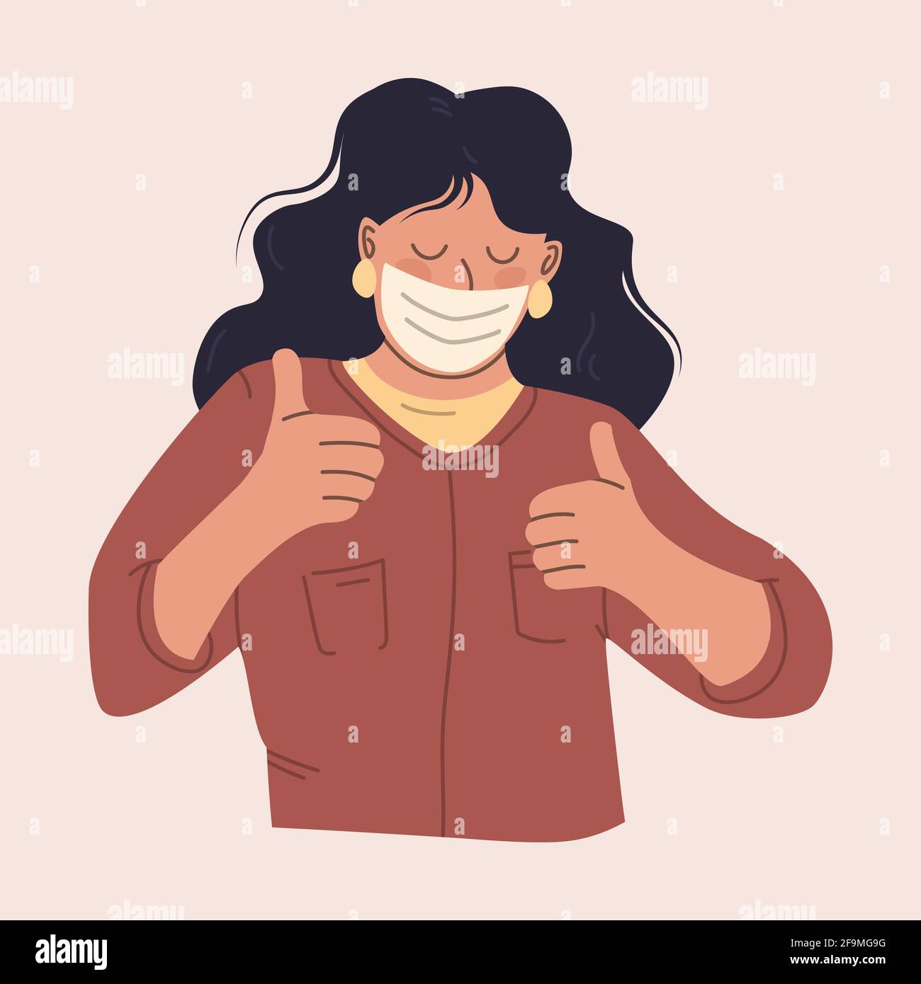 Junge Frau in einer Schutzmaske. Glückliches Mädchen verwendet eine medizinische Gesichtsmaske. Illustration in Pastellfarben. Stock Vektor
