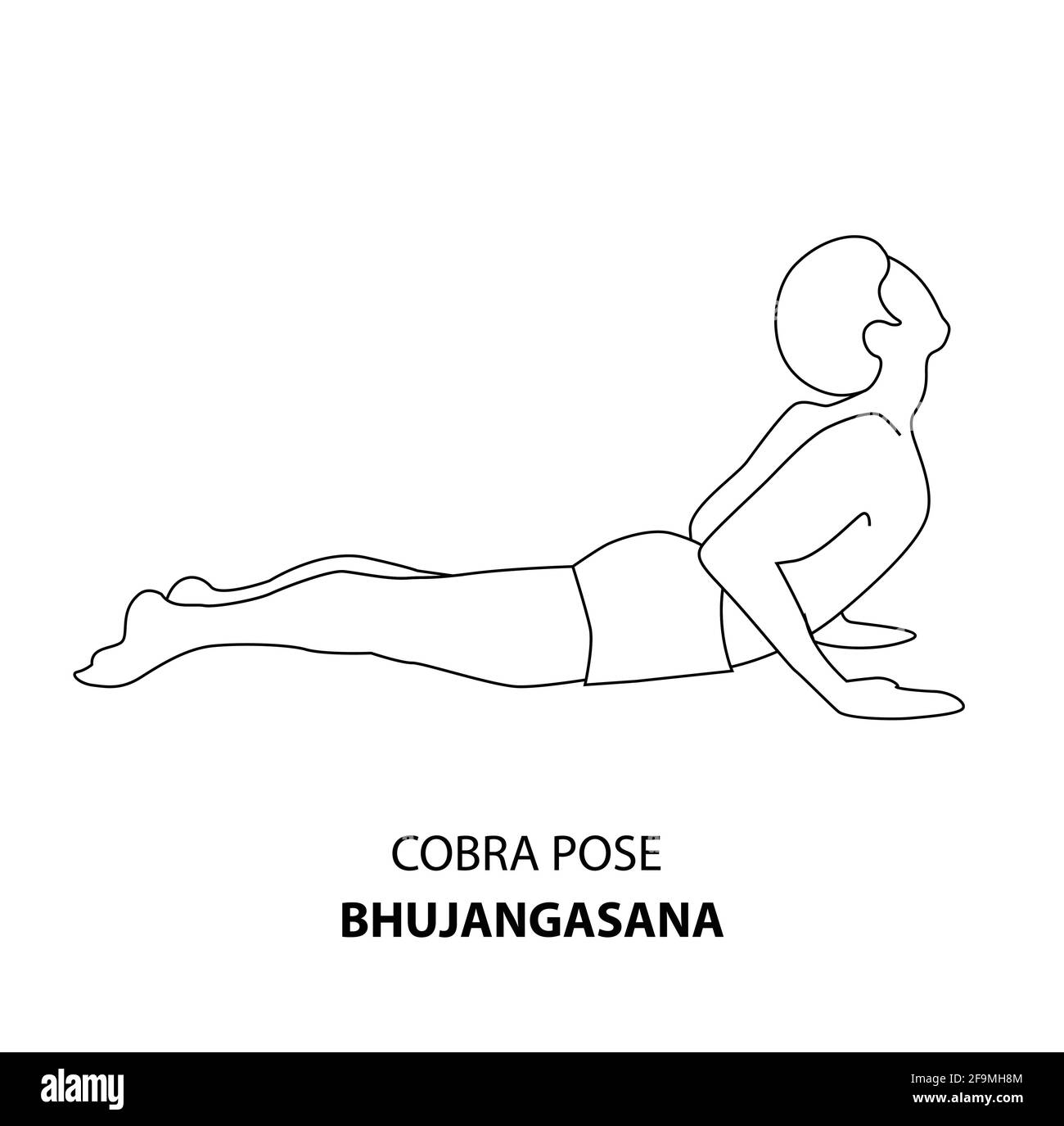 Mann praktiziert Yoga Pose isoliert skizzieren Illustration. Mann in Cobra-Pose oder Bhujangasana, Symbol der Yoga Asana-Linie Stock Vektor