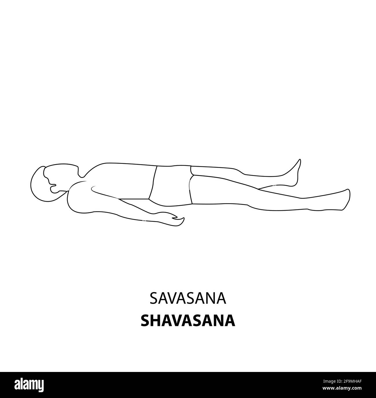 Mann praktiziert Yoga Pose isoliert skizzieren Illustration. Mann, der auf dem Boden in der Leichenhaltung von Shavasana liegt, oder Mrtasana, Yoga Asana-Linienikone Stock Vektor