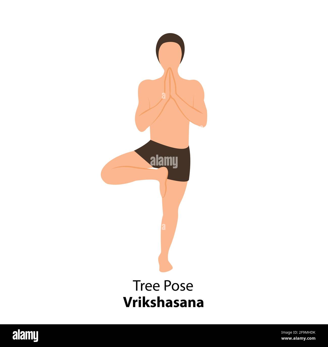 Mann praktiziert Yoga Pose isoliert Vektor Illustration. Mann, der in einer Baumhaltung oder in einer Vrikshasana-Haltung steht, Yoga Asana-Ikone Stock Vektor