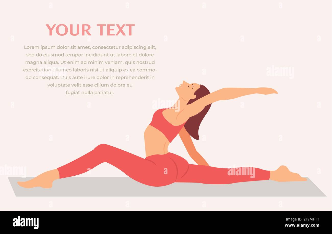 Frau praktiziert Yoga Fitness Gymnastik. Banner mit Illustration einer Frau, die Yoga-Asana macht oder Pilates-Übung auf der Matte macht Vektor-Illustration. Mädchen Stan Stock Vektor