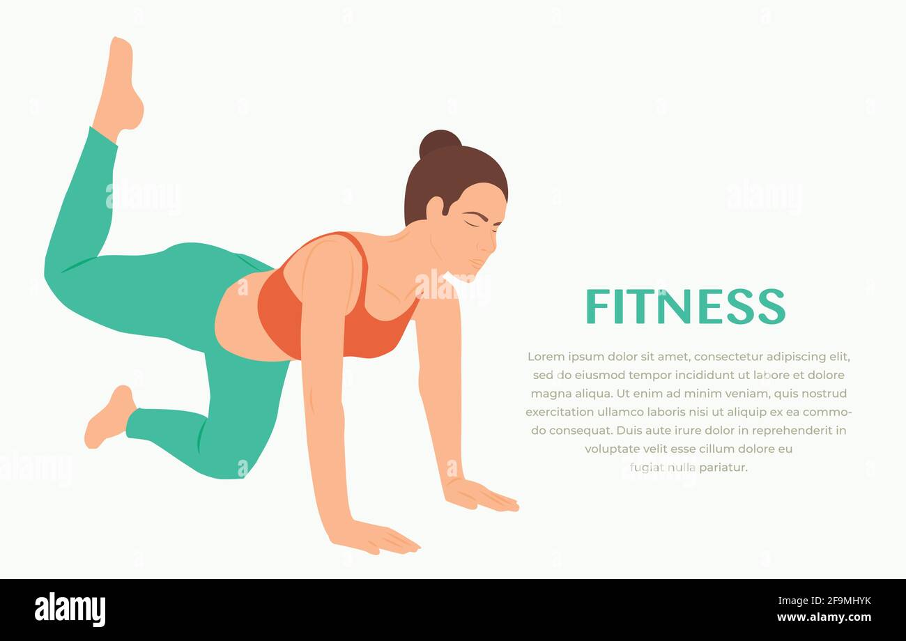 Frau übt Fitness-Gymnastik. Banner mit Illustration einer Frau, die Pilates-Übung auf der Matte macht Vektor-Illustration. Mädchen steht in Dehnung Stock Vektor