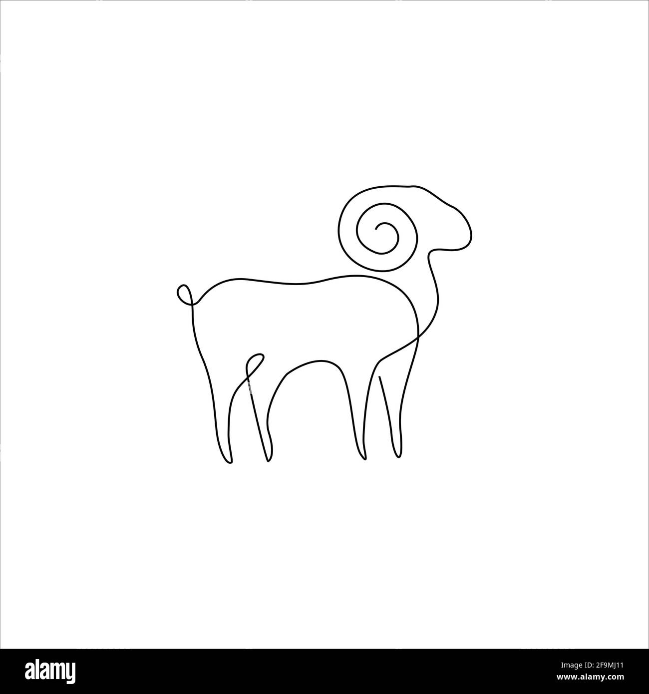 Minimalistische einzeilige männliche Schaf-Ikone. Linie Zeichnung RAM Tattoo. RAM Goat Vektorgrafik. Freie Einzelzeilzeichnung von Dickhornbergziege oder Widdern. Stock Vektor