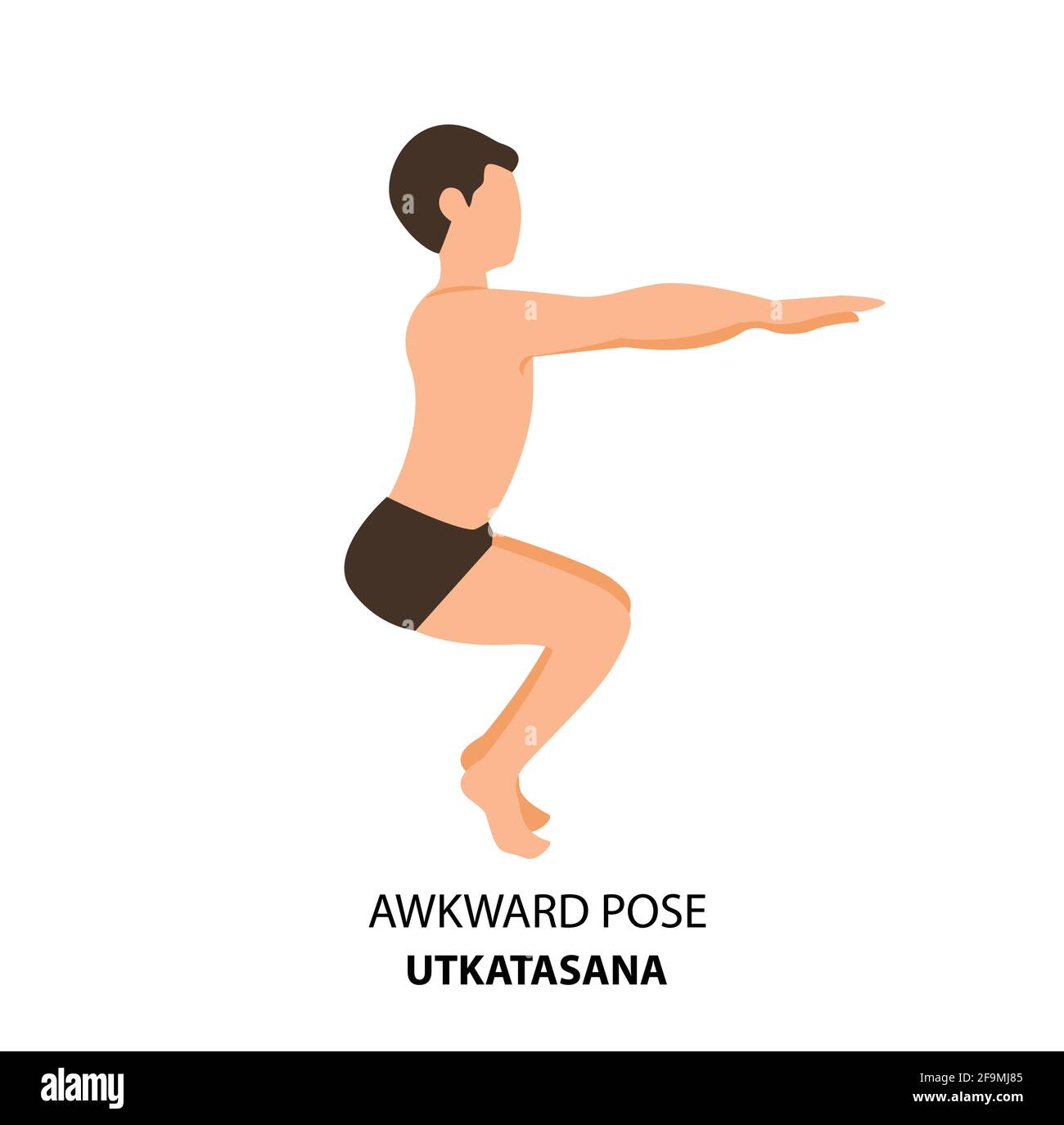 Mann praktiziert Yoga Pose isoliert Vektor Illustration. Mann, der in einer unbeholfenen Pose oder in einer Utkatasana-Pose steht, Yoga Asana-Ikone Stock Vektor