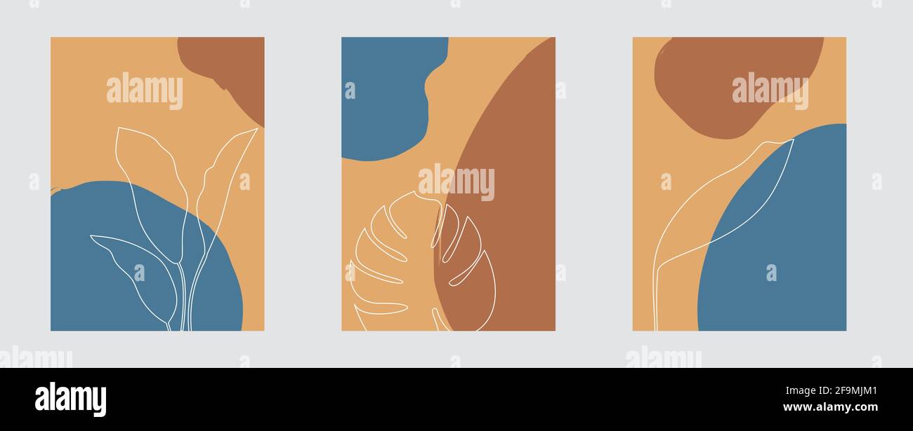 Moderne Linienblätter Vektor-Design-Set für Flyer, Poster, Geschichten Weißes tropisches Laub im Umrissstil auf farbenfroher abstrakter Kulisse Stock Vektor