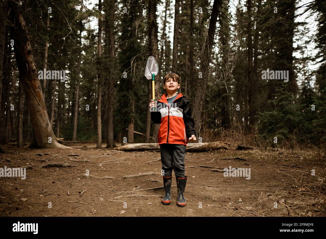 Kleiner Junge hält Fischernetz im Wald trägt ein Rote Jacke Stockfoto
