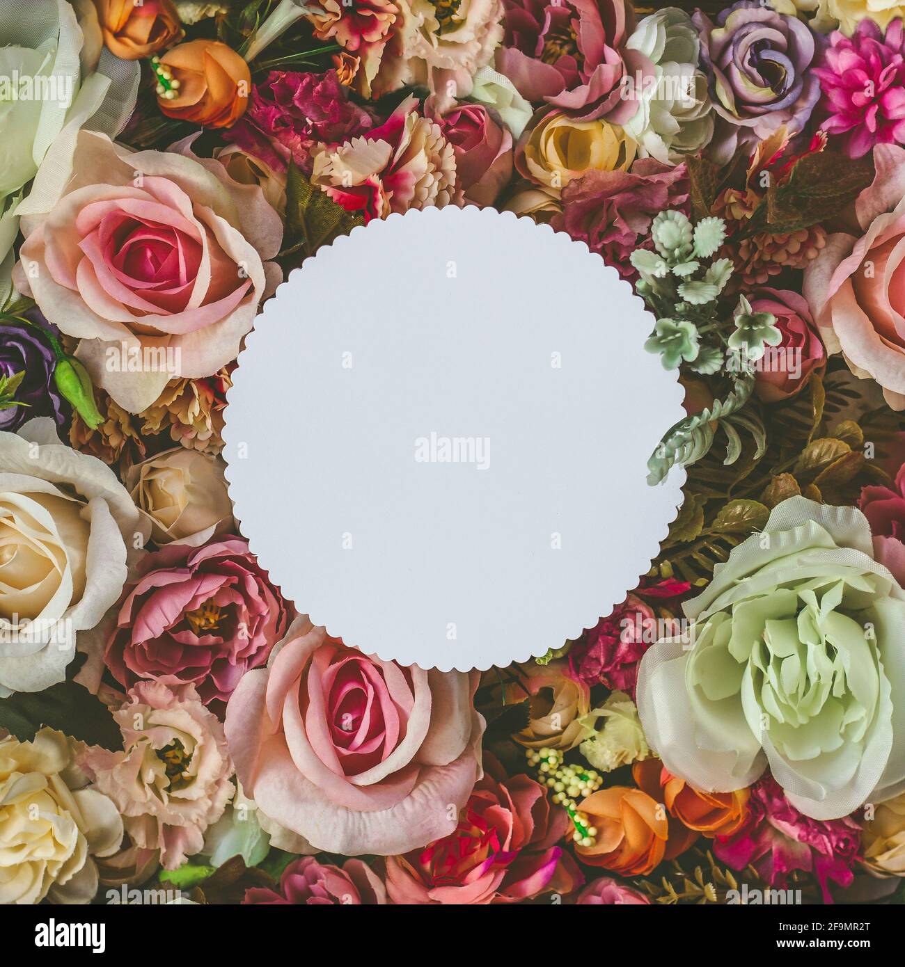 Schöne bunte Blumen Wandhintergrund, mit weißem Kreis Grußkarte mit Kopieplatz; Frühling, Hochzeit, Jahrestag oder Floristen Grußkarte Stockfoto