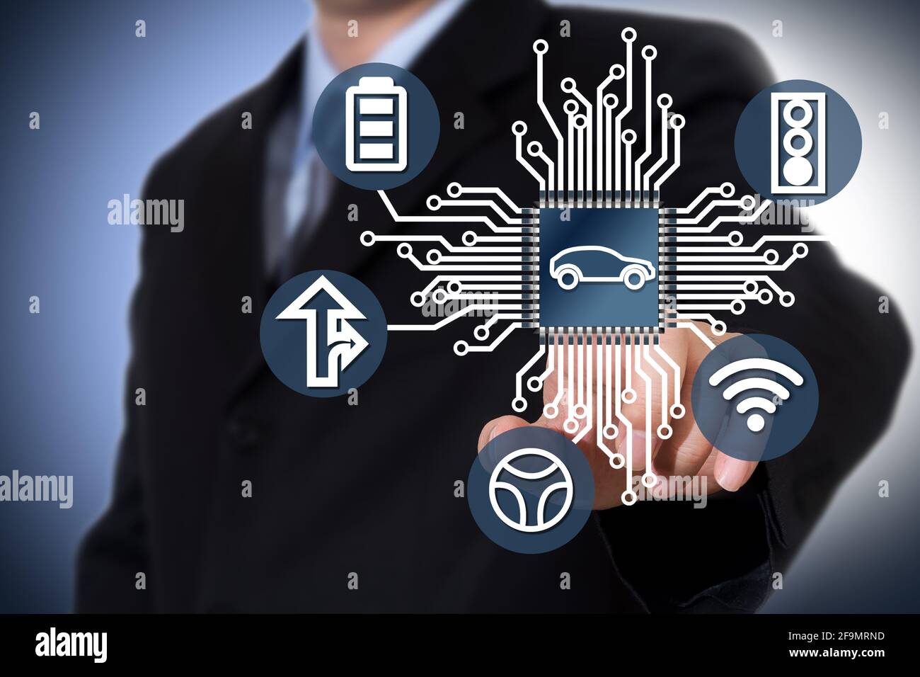 Geschäftsmann auf einem verschwommenen Hintergrund. Automobil-Chip-Illustration und mehrere Symbole. Stockfoto