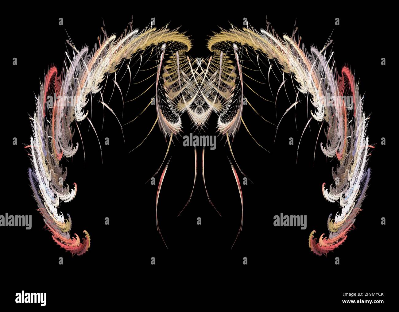 Fraktales Flammenbild, ähnelt einem Fantasy Insektenwesen Symmetrie abstrakte digitale Kunst Stockfoto