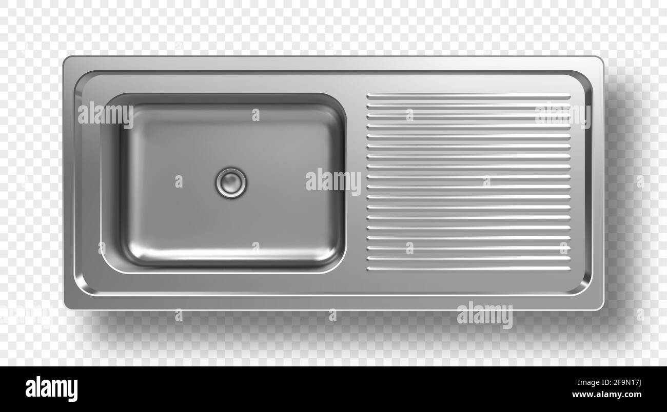 Waschbecken aus Edelstahl Draufsicht 3d-Modell. Küchenwaschbecken aus Metall mit rechter Seitenstelle für sauberes Geschirr. Silberfarbene Haushaltsgegenstände isoliert auf transparentem Hintergrund, realistische Vektor-Mock-up Stock Vektor