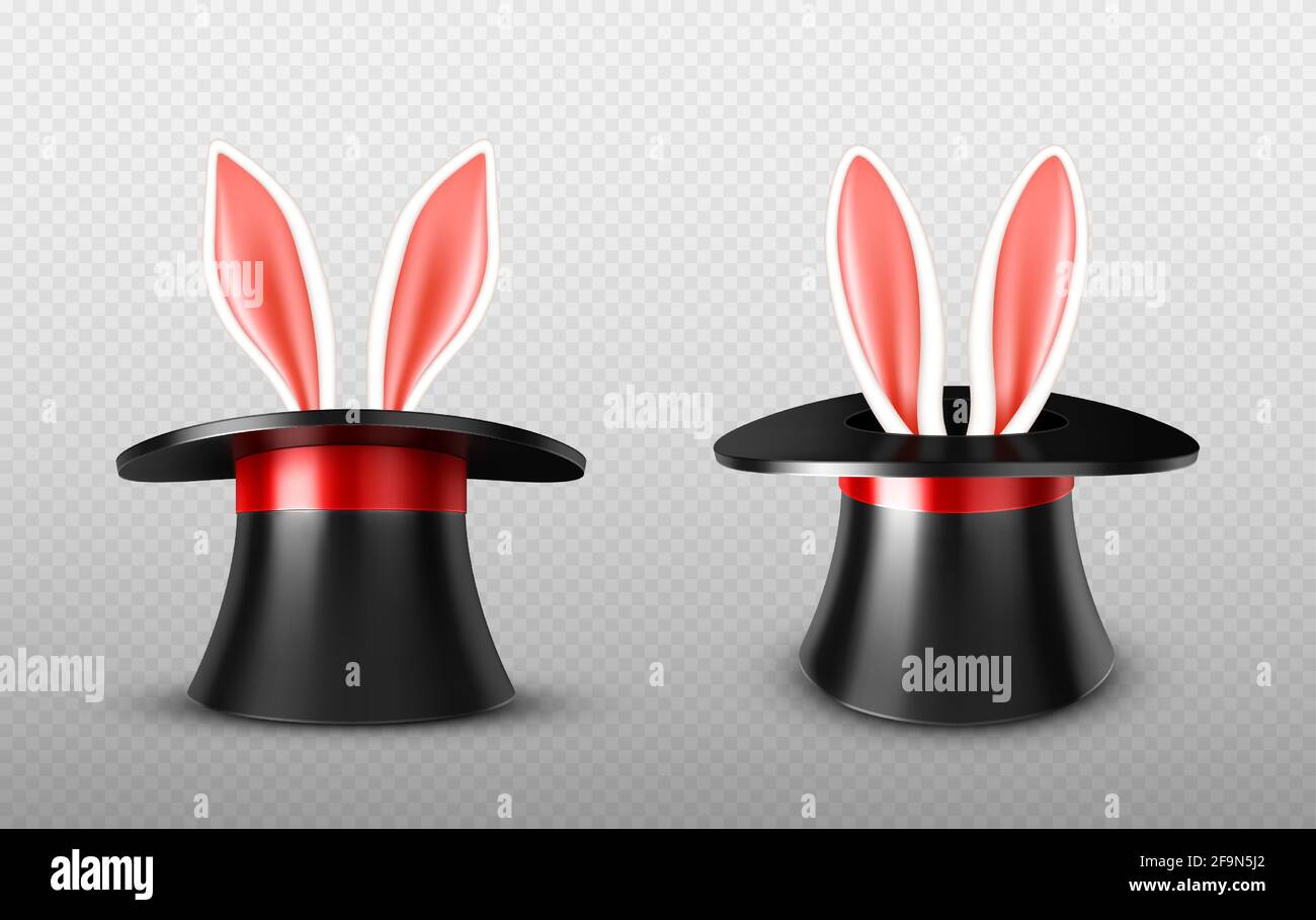 Hasenohren ragen heraus Magier Zylinderhut, schwarze vintage Zylinderkappe mit weißem Hase sitzt innen Vorderansicht. Circus Zaubertricks mit Hase und Performer Kopfbedeckung, realistische 3d Vektor Illustration Stock Vektor