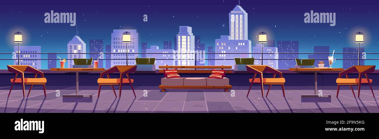Restaurant bei Nacht Dachterrasse im Hintergrund mit Blick auf die Stadt. Leere Terrasse mit Tischen und Stühlen auf dem Dach eines Wolkenkratzers. Café-Bereich im Freien für Entspannung oder Erholung mit Stadtbild Cartoon-Vektor-Illustration Stock Vektor