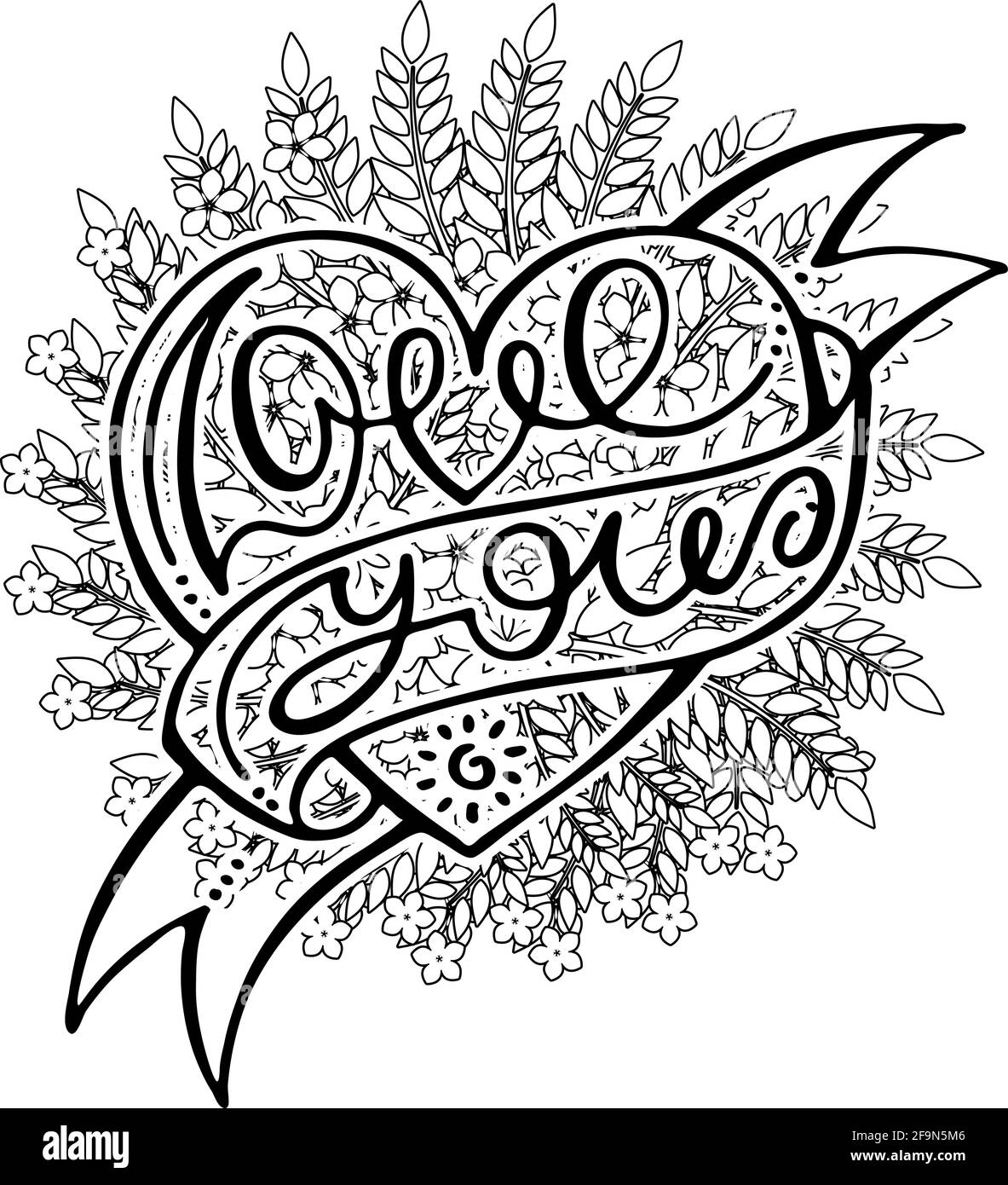 Liebe Dich. Hand Schriftzug Grunge Karte mit Blumen Hintergrund. Handgefertigte Doodle Buchstaben im Retro-Stil. Handgezeichnete Vintage Vektor Typografie illustriert Stock Vektor