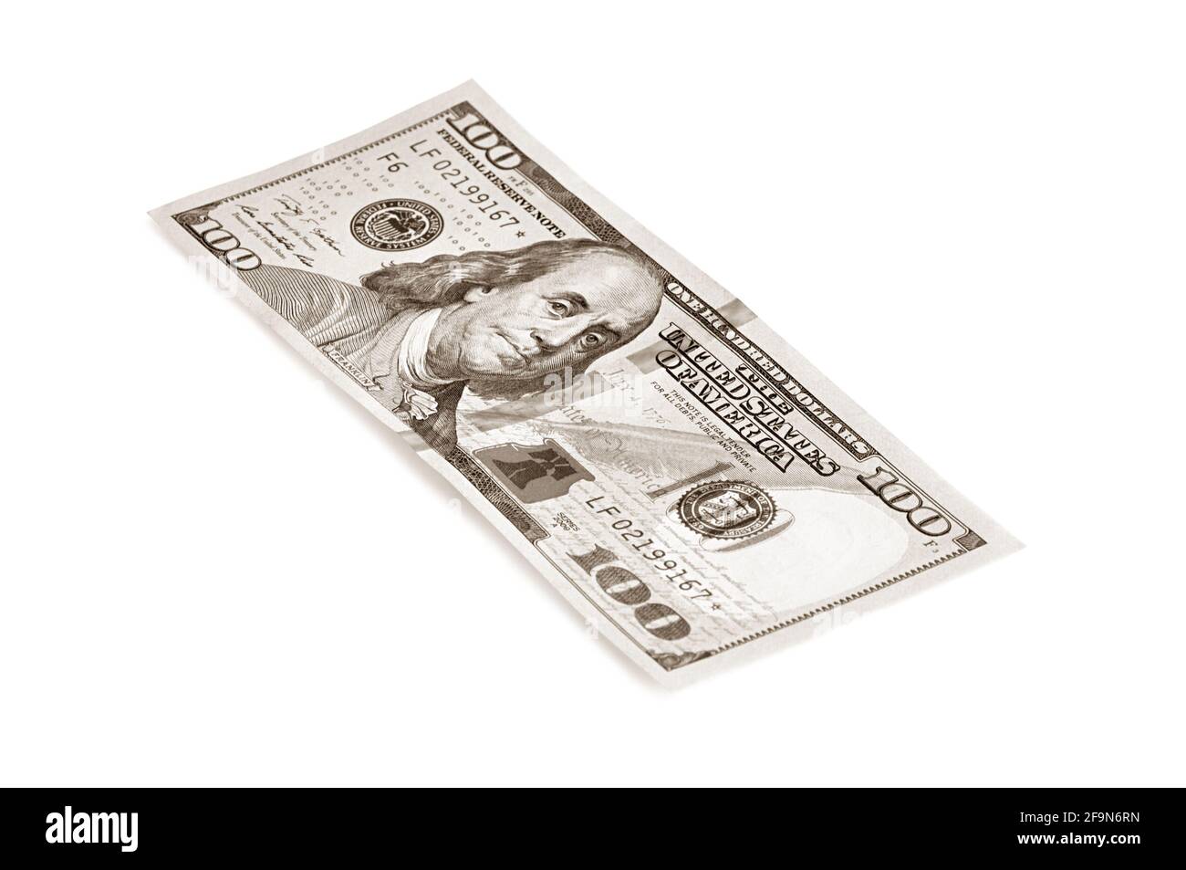 Geld - neue amerikanische Rechnung aus dem Jahr 100 mit Sepia-Farbeffekt Auf weißem Hintergrund Stockfoto