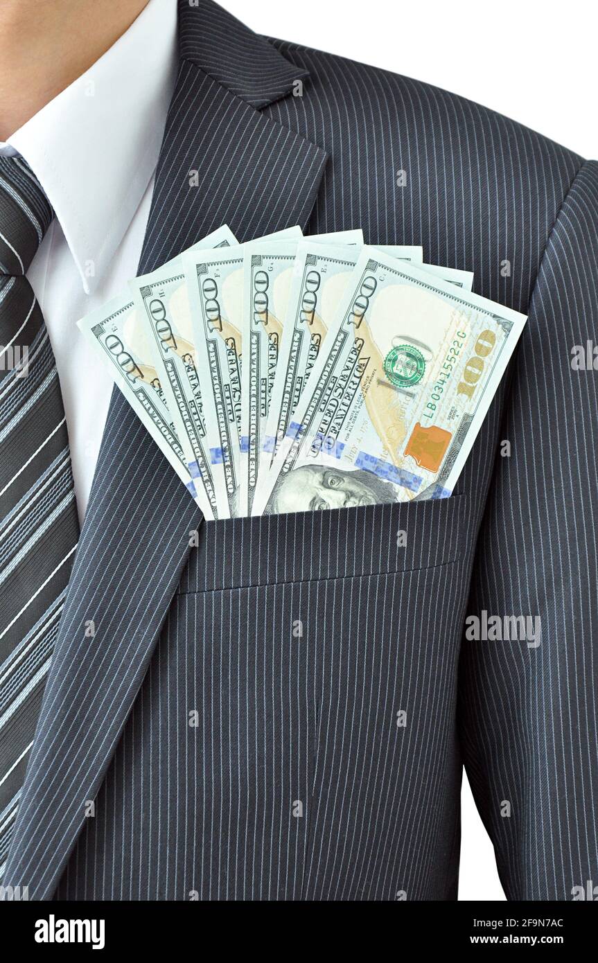 Geld - US-Dollar (USD) Rechnungen - in Geschäftsmann Anzugtasche Stockfoto