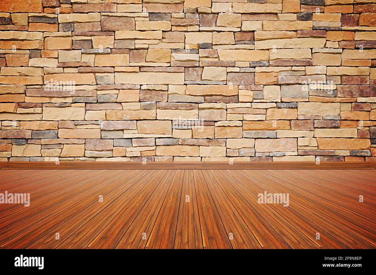 Holzboden & Steinwand als leerer Raum Hintergrund Stockfoto
