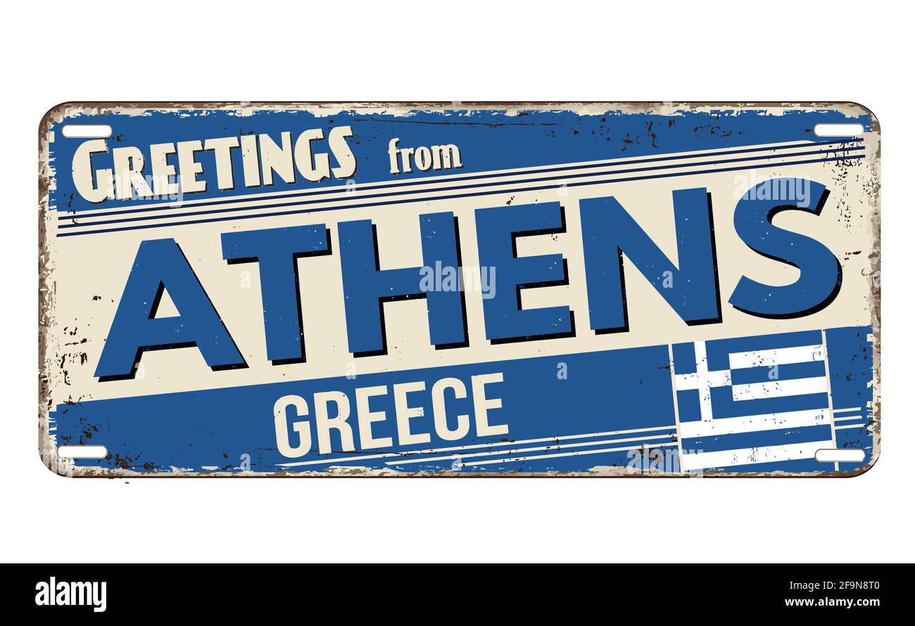 Grüße aus Athen vintage rostigen Metallplatte auf weißem Hintergrund, Vektor-Illustration Stock Vektor